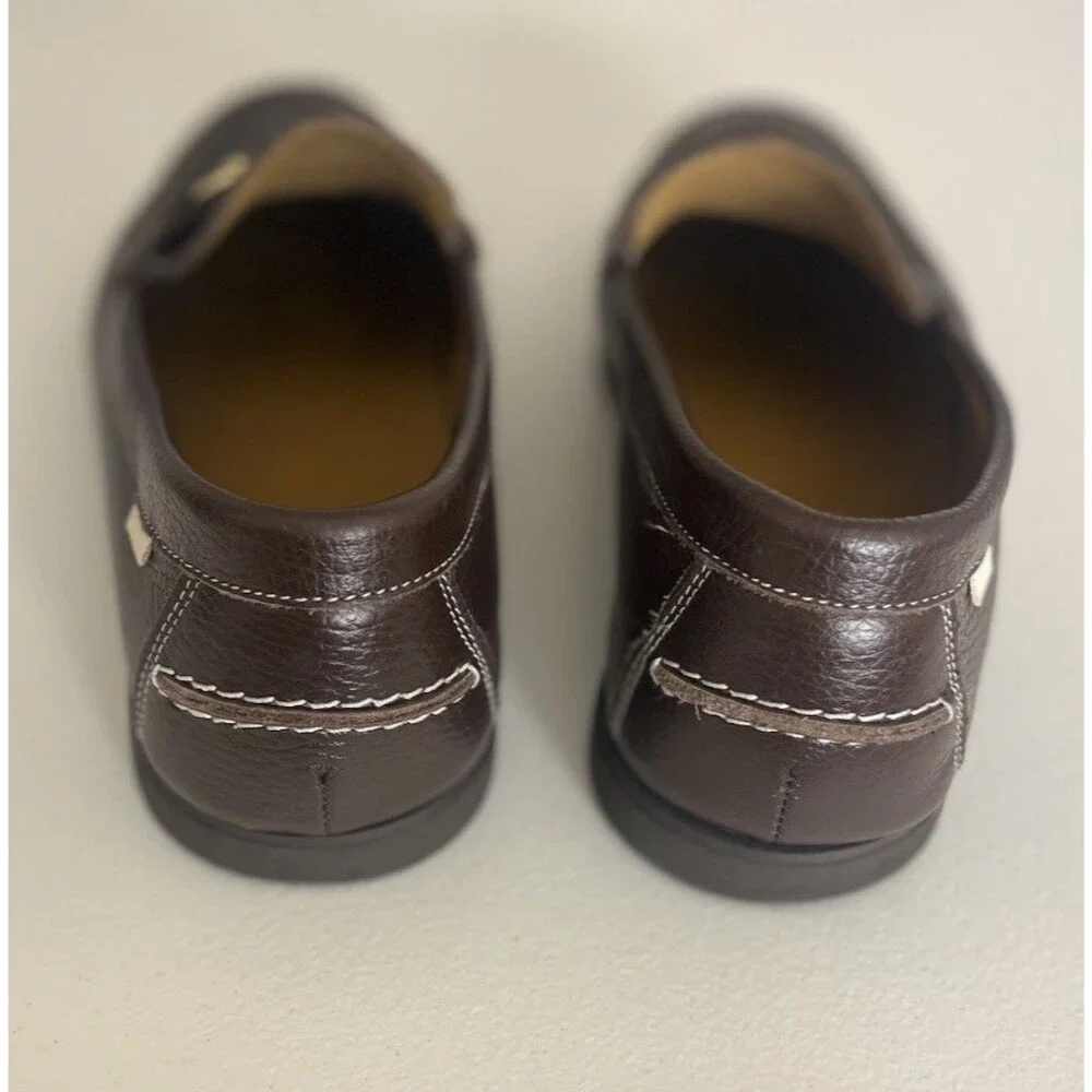 Oliver Cabell Dark Brown Textured Leather Gold Horsebit Boat Shoe Loafers (45)